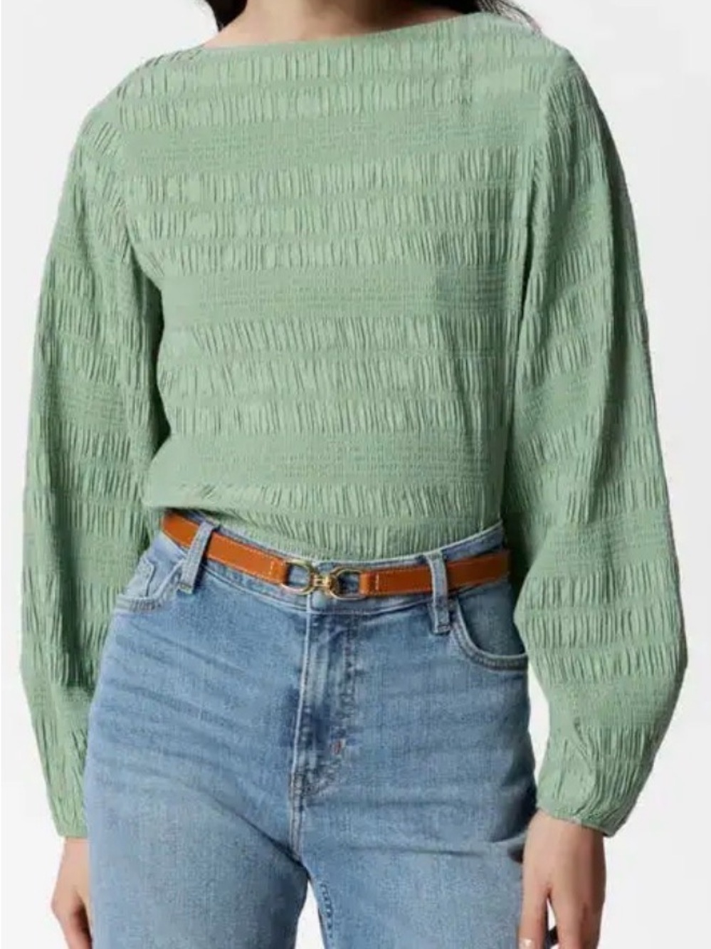 & Other Stories Green Shirred Boat Neck Bateau Blouse Top Size M Medium